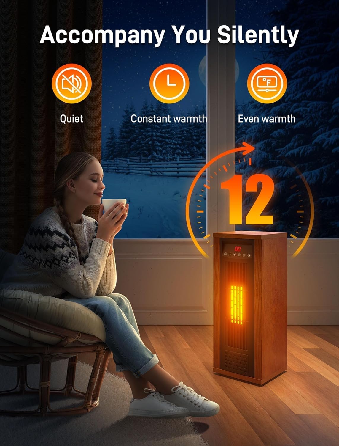 Air Choice Infrared Space Heater, 1500W Electric Portable Heater with Remote Control and Thermostat, Fast & Quiet Heating Tower Room Heater for Indoor Use, Bedroom, Office, Home, Walnut