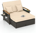 Tangkula Patio Rattan Daybed with 4-Level Adjustable Backrest, Outdoor Wicker Loveseat with Acacia Wood Armrest, Storage Ottoman & Folding Tray, Double Sunbed Lounger for Balcony, Backyard & Poolside