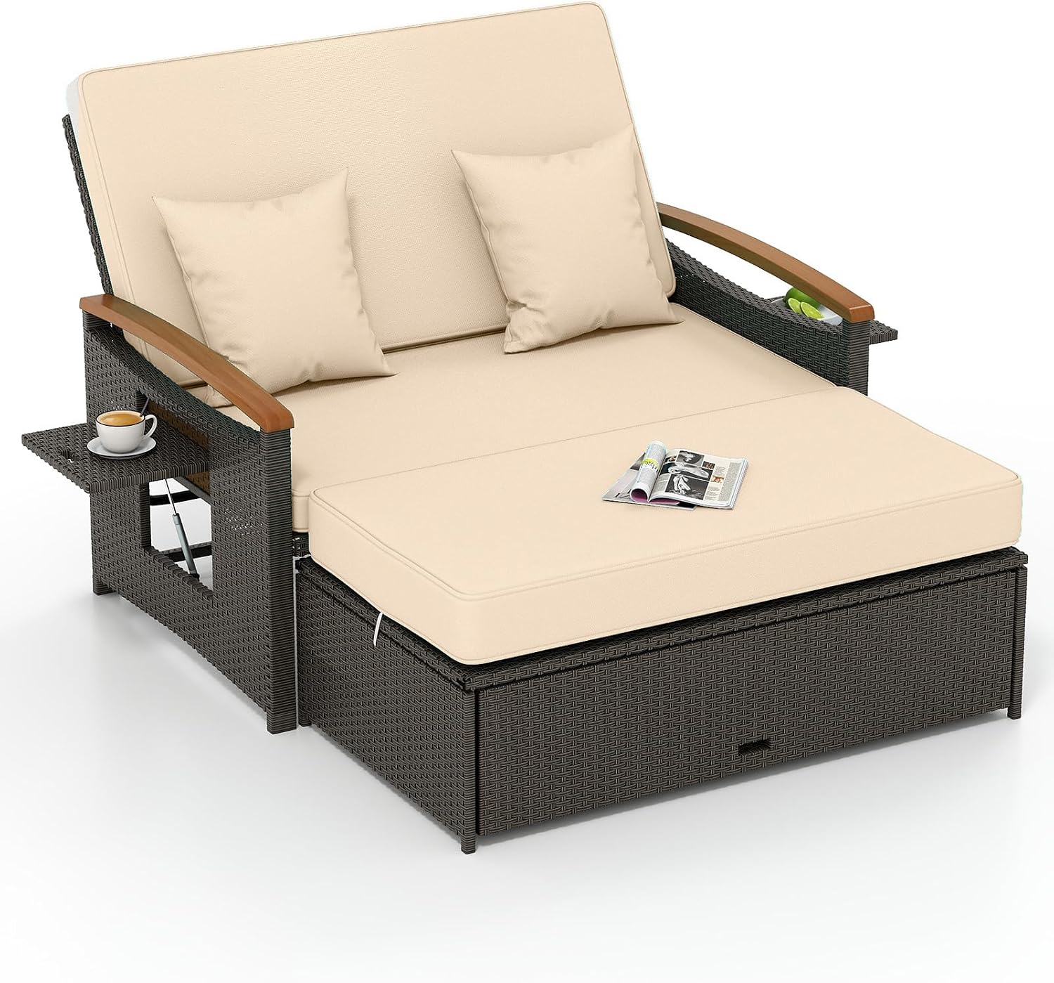 Tangkula Patio Rattan Daybed with 4-Level Adjustable Backrest, Outdoor Wicker Loveseat with Acacia Wood Armrest, Storage Ottoman & Folding Tray, Double Sunbed Lounger for Balcony, Backyard & Poolside