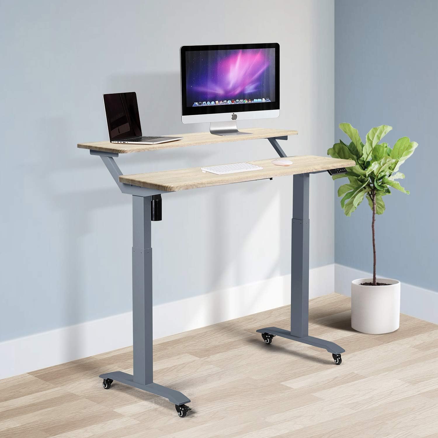 UNICOO Electric Height Adjustable 2-Tier Raising Desk with Wheels, Mobile Standing Desk with Monitor Stand, Ergonomic Adjustable Computer Table, Electric Standing Game Table for Home Office