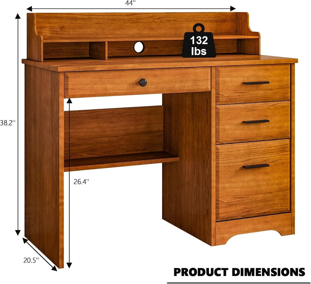 4 EVER WINNER Small Desk with Drawers for Small Spaces, 44'' Wood Desk with File Drawer & Monitor Stand, Office Desks Writing Study Table for Bedroom, Living Room, Brown