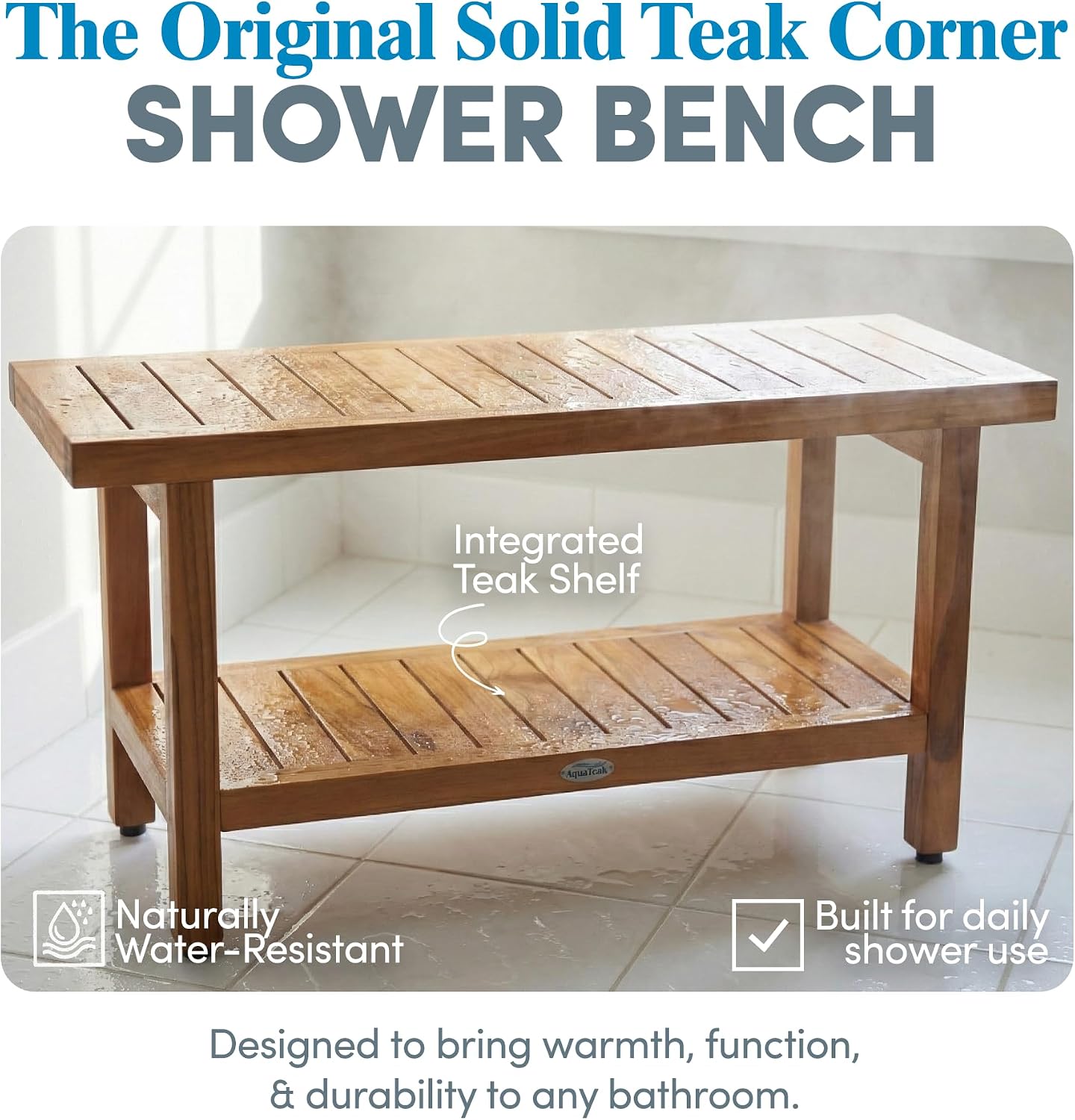 AquaTeak The Original 36' Spa Teak Shower Bench - Shower Stool with Storage Shelf for Bathroom - Durable Water Resistant Shower Chair - Shaving Foot Rest - Indoor & Outdoor Use