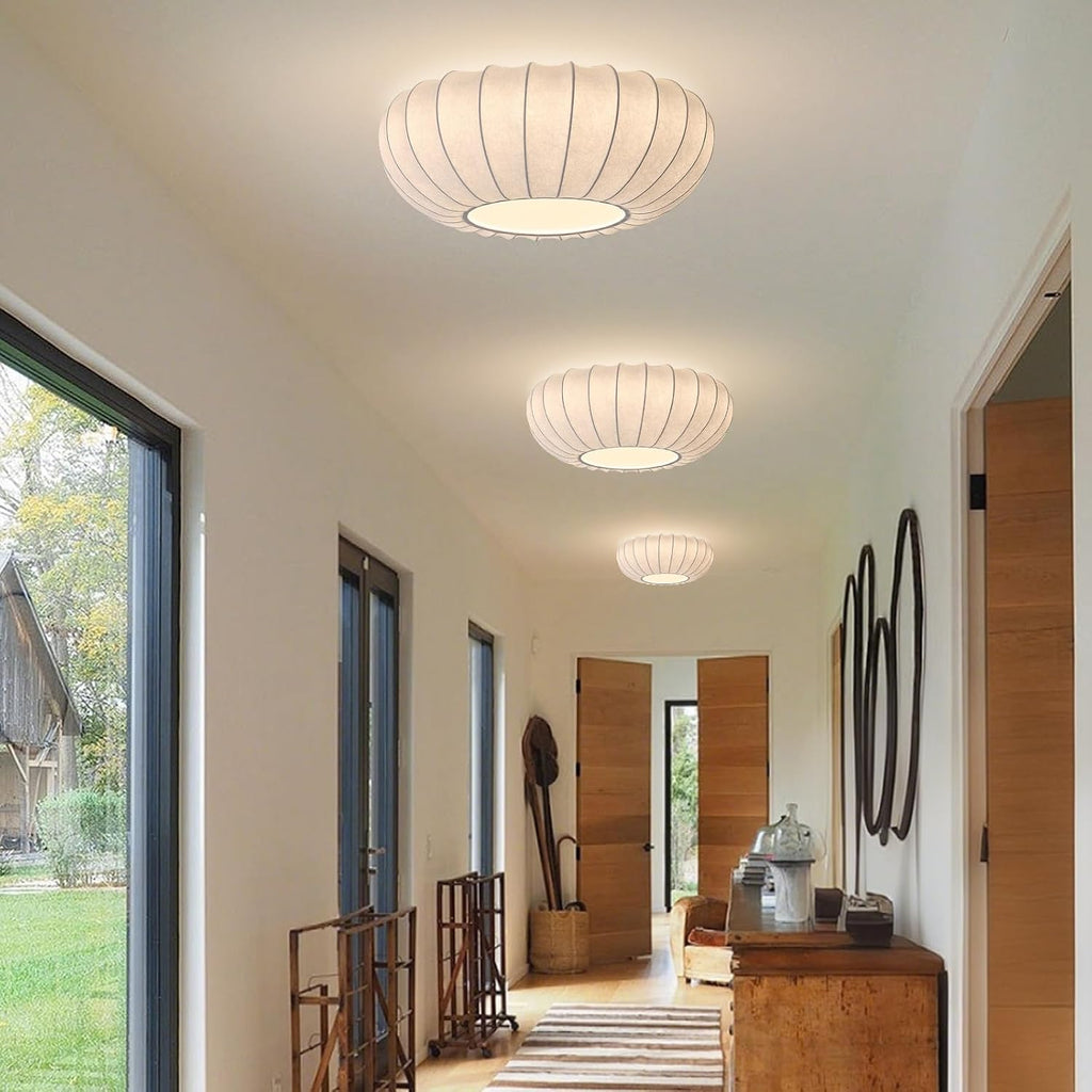 Mid Century Modern White Silk Shade Semi Flush Ceiling Light Japanese Style Drum Fabric Ceiling Light Large Boho Chandelier Light Fixture (20 Inches)