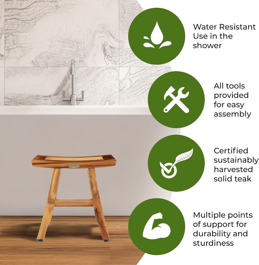 EcoDecors® Satori® 14' Solid Teak Shower Bench, Water-Resistant Bath Stool with Adjustable Feet, EarthyTeak Finish, Indoor/Outdoor Use