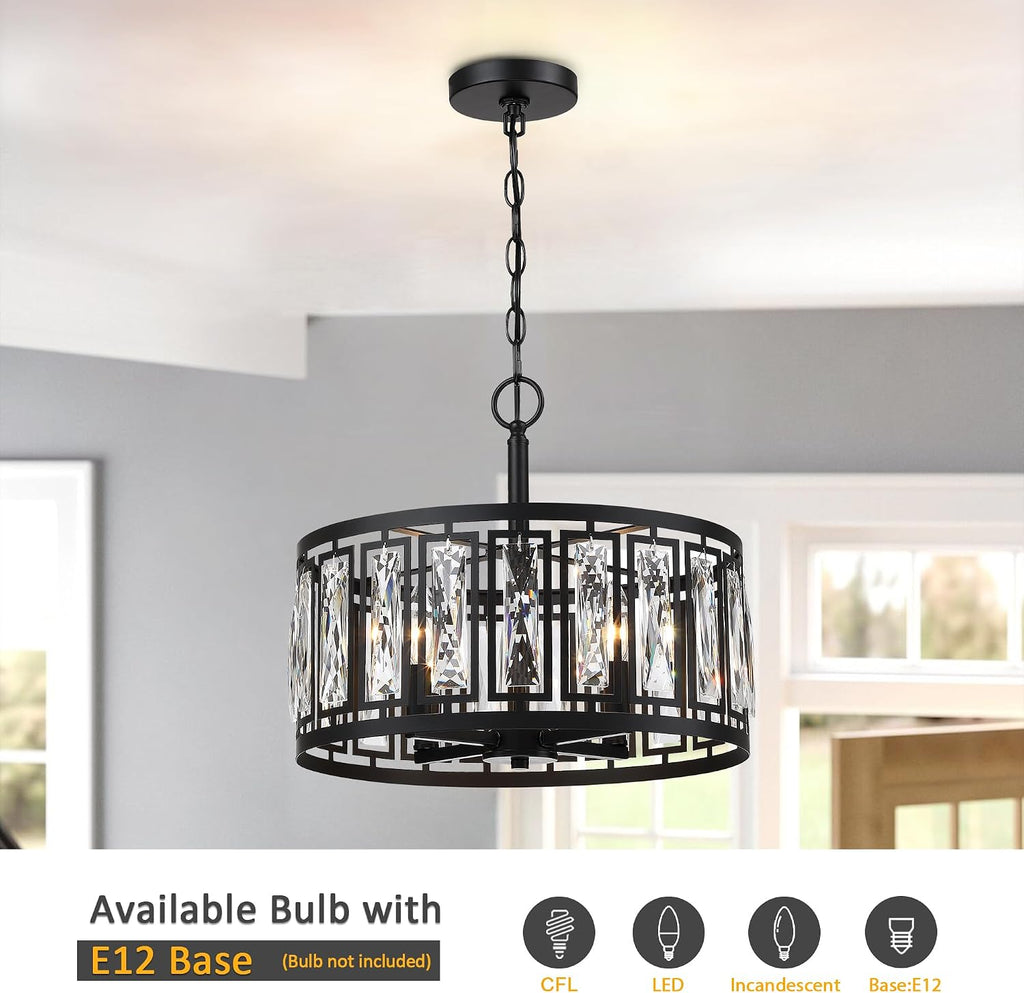 Modern Crystal Chandeliers, 4 Lights Matte Black Pendant Lighting Fixture for Dining Room Adjustable Hanging Ceiling Light for Kitchen Island
