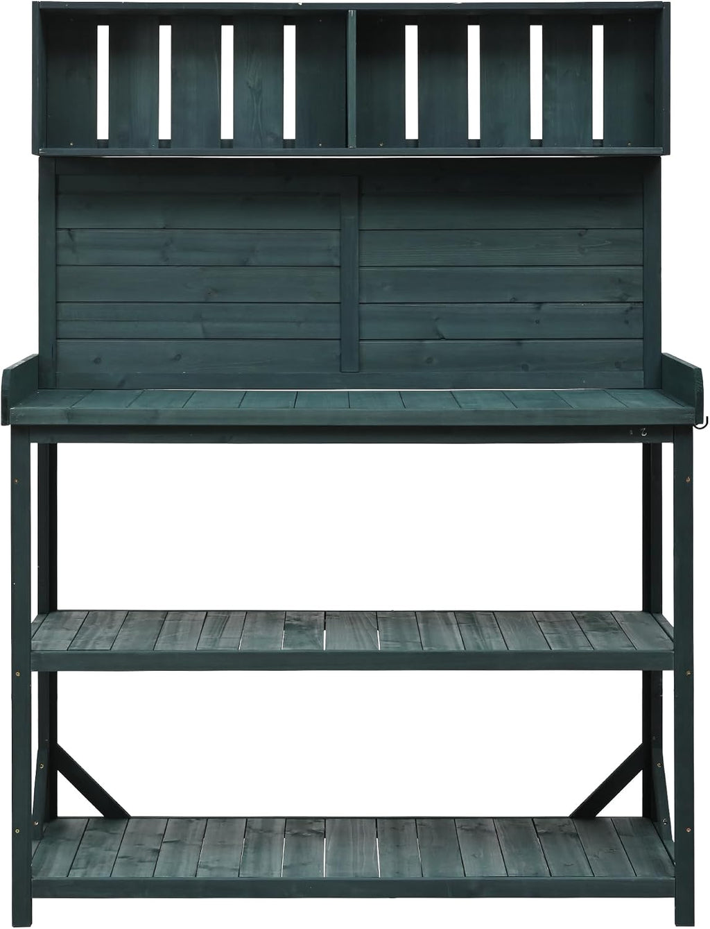 Farmhouse Rustic Outdoor Potting Bench Table, 65' Large Wooden Garden Potting Bench with 4 Storage Shelves and Side Hook, Spacious Patio Workstation