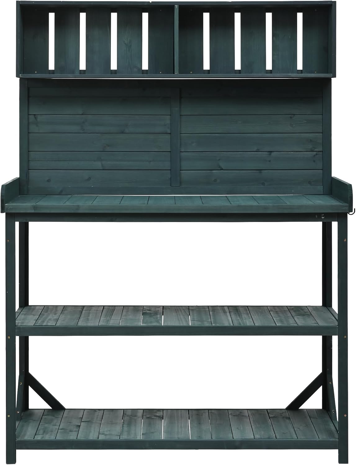 Farmhouse Rustic Outdoor Potting Bench Table, 65' Large Wooden Garden Potting Bench with 4 Storage Shelves and Side Hook, Spacious Patio Workstation