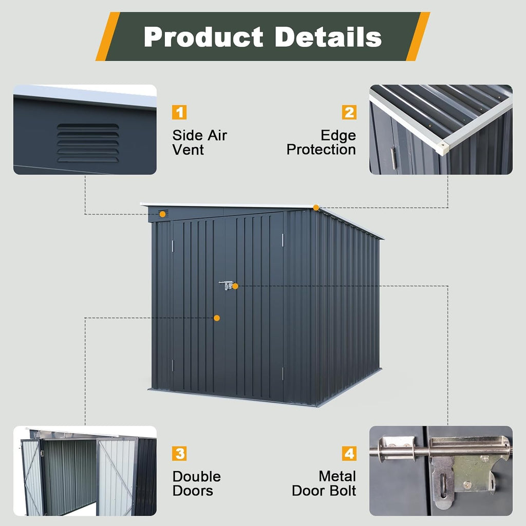 6x8 FT Metal Shed with Skylight, Lean to Garden Shed with Lockable Double Doors for Garden Tools, Lawn Mower, Motorcycle, Outside Storage Shed Waterproof for Backyard, Patio