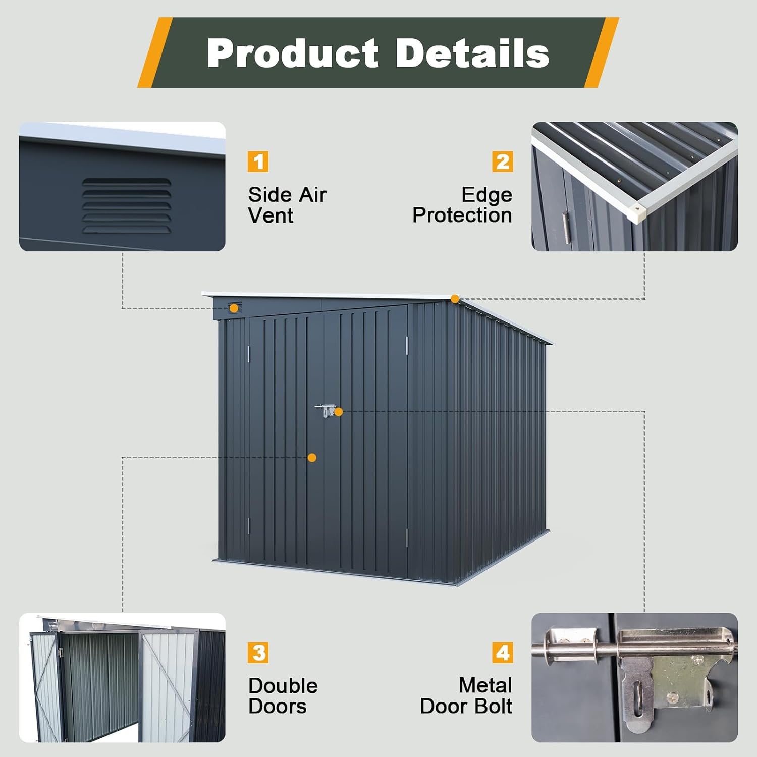 6x8 FT Metal Shed with Skylight, Lean to Garden Shed with Lockable Double Doors for Garden Tools, Lawn Mower, Motorcycle, Outside Storage Shed Waterproof for Backyard, Patio
