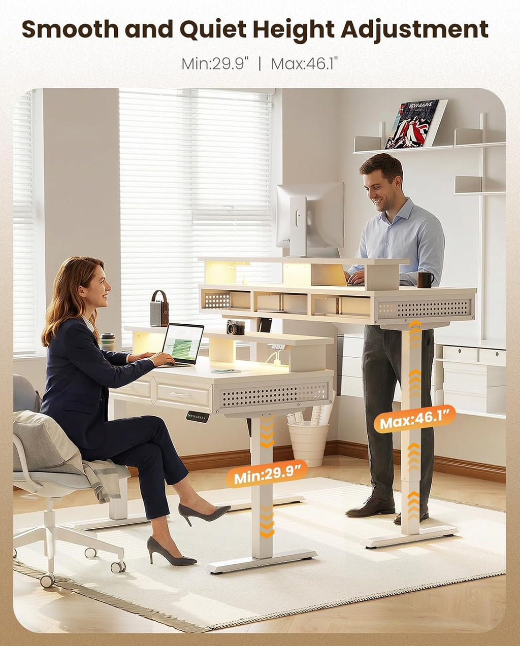 OffiGo Electric Standing Desk with 3 Wooden Drawers, 48 Inch Height Adjustable Desk with Power Outlets & LED Lights, White Sit Stand Table with Monitor Stand for Home, Office, Workstation