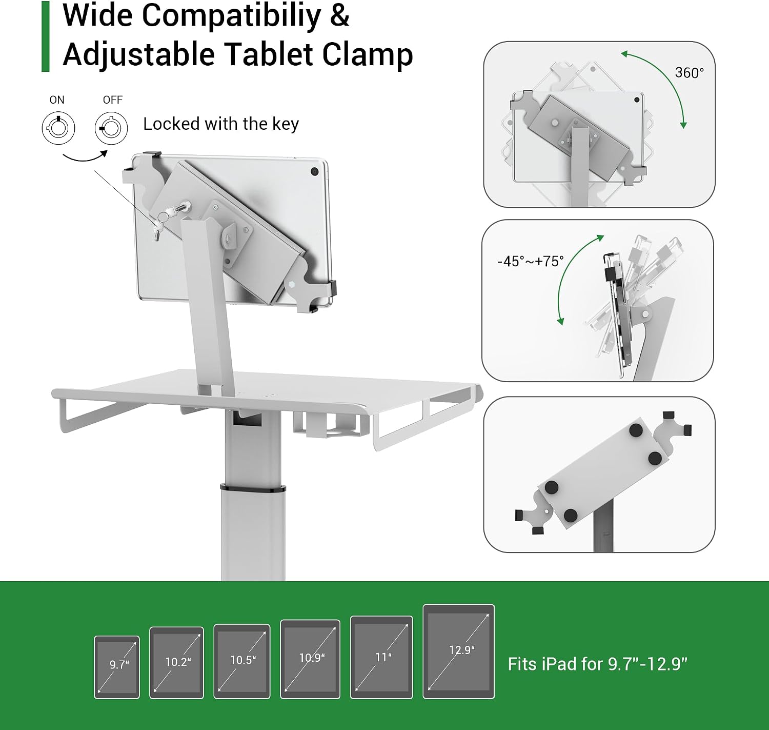Mobile Medical Tablet Cart Compatible with 9.7-12.9' iPad, Rolling Medical Workstation, Mobile Tablet Workstation for Hospital, Clinic, Library, Restaurant, Rolling Floor Stand Cart