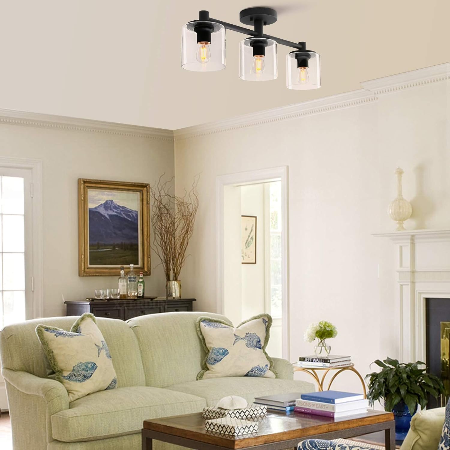 Pathson 3-Light Semi Flush Mount Ceiling Light, Industrial Pendant Lighting Fixture with Glass Shade, Ceiling Chandelier Lamp for Hallway Loft Kitchen Bar