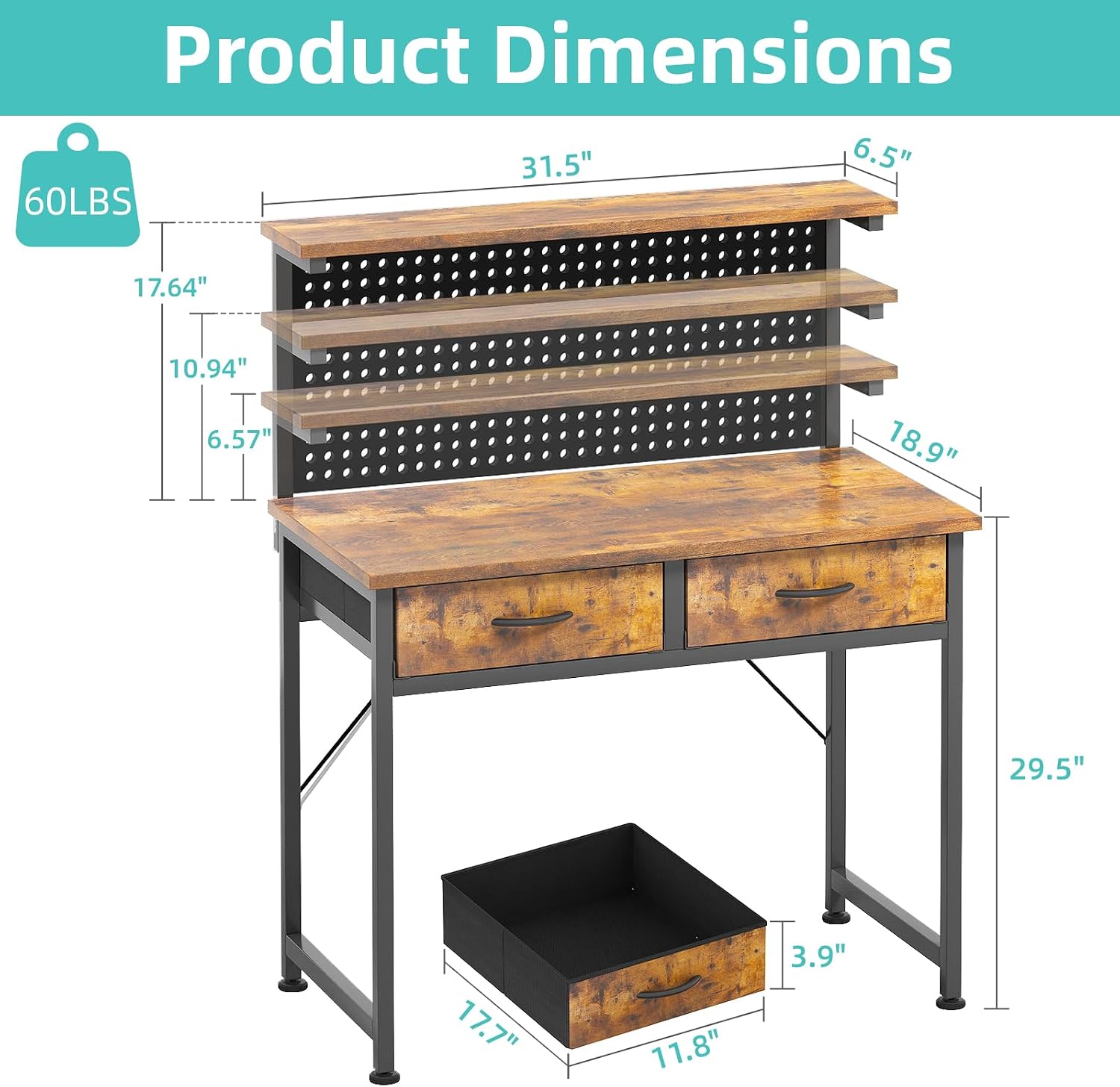 MUTUN Computer Desk with Drawers, 40 Inch Computer Desk with Power Outlet & LED Light, Gaming Desk with Adjustable Monitor Stand & Pegboard, Modern PC Study Writing Table for Bedroom, Rustic Brown