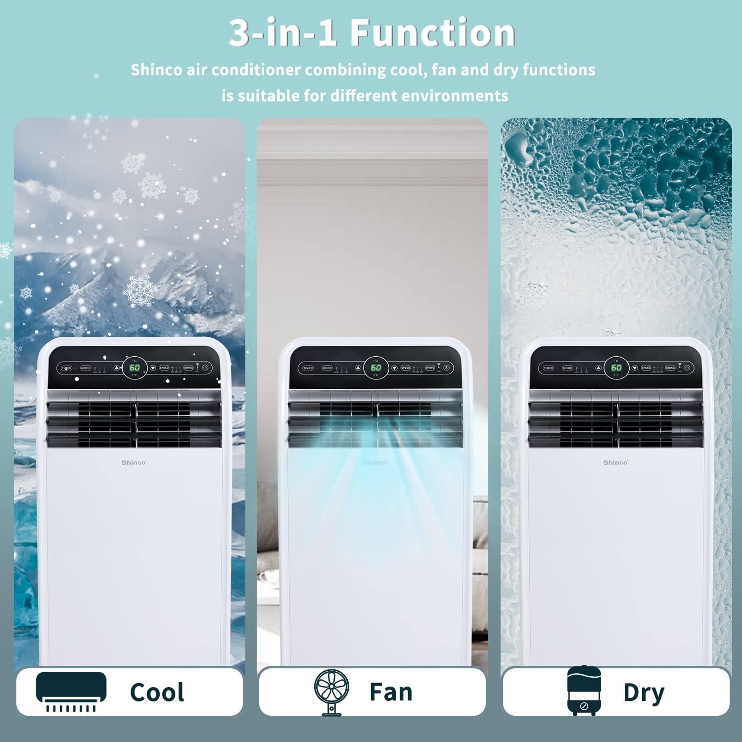 Shinco 12,000 BTU Portable Air Conditioner with WiFi, Portable AC Unit with Built-in Cool, 3-in-1 Cooling Fan & Dehumidifier for Rooms up to 450 Sq.Ft, Remote, 24H Timer, Installation Kits