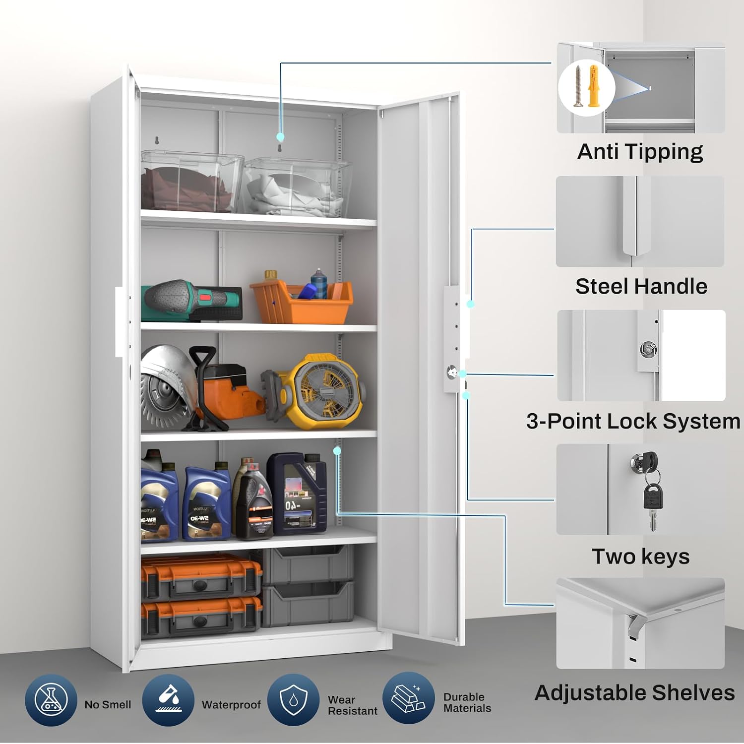 Metal Garage Storage Cabinet with Lock, 72' Tall Steel Storage Locker with 4 Adjustable Shelves, Heavy Duty Metal Cabinet for Garage, Office, Home, White