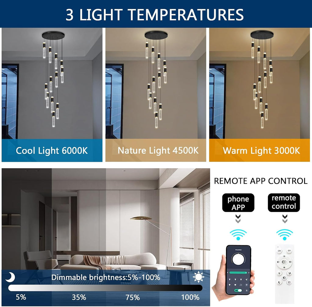 12-Lights Modern Crystal Chandelier for Staircase High Ceiling Chandeliers Large Spiral Bubble Pendant Lighting Hanging Light Fixture Flush Mount for Foyer Entryway
