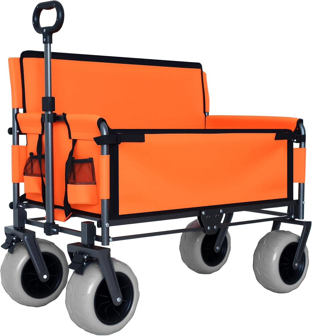 3-in-1 Folding Wagon with Bench Seat – 500lbs Capacity,Reinforced Carbon Steel Frame, 180L Cargo Space– Perfect for Camping, Beach, Outdoor Events & Heavy-Duty Hauling (Orange)