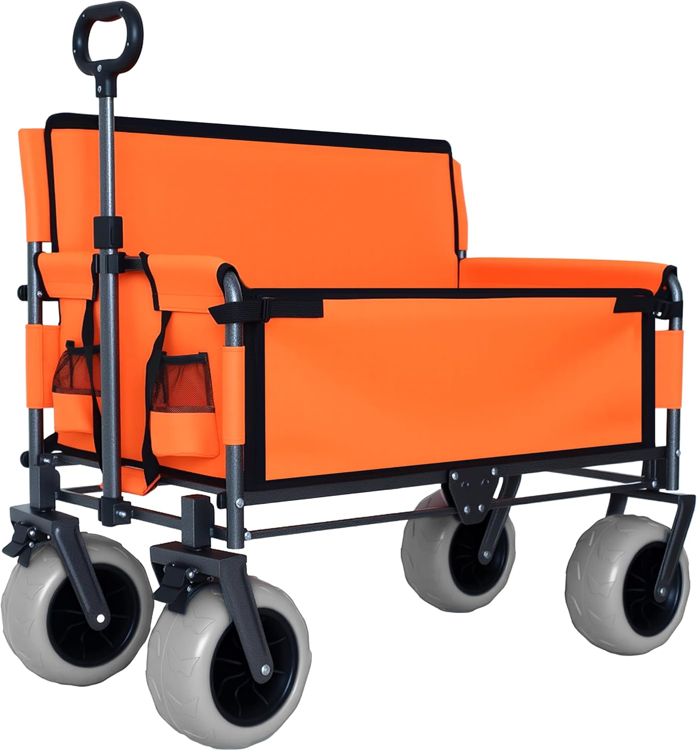 3-in-1 Folding Wagon with Bench Seat – 500lbs Capacity,Reinforced Carbon Steel Frame, 180L Cargo Space– Perfect for Camping, Beach, Outdoor Events & Heavy-Duty Hauling (Orange)