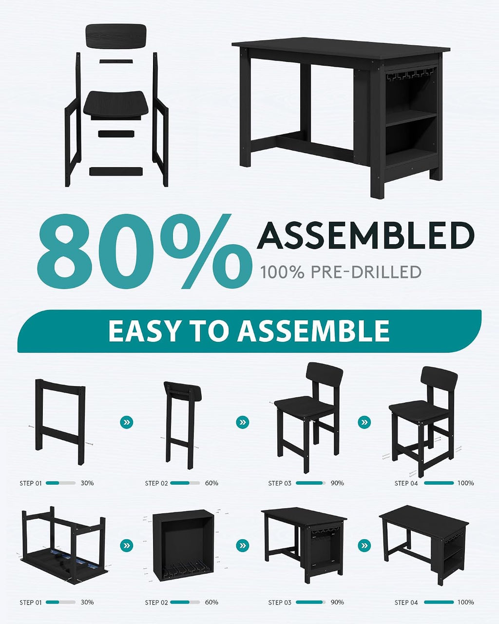 SERWALL Outdoor Bar Table and Chairs Set, 5-Piece HDPE Counter Height Patio Dining Sets with Storage and Wine Rack, High Top Bar Table with 4 Bar Stools for Garden, Backyard, Black
