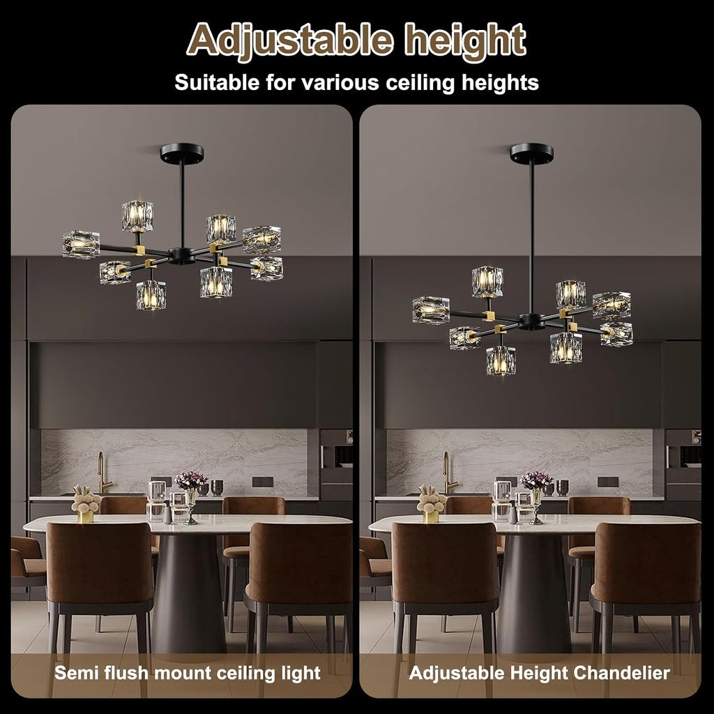 Modern Sputnik Crystal Kitchen Chandelier - Luxury Elegant 8 Light Black and Gold Brushed Brass Chandeliers - Adjustable Height Pendant Lighting Ceiling Fixture for Dining Room Living Room Island
