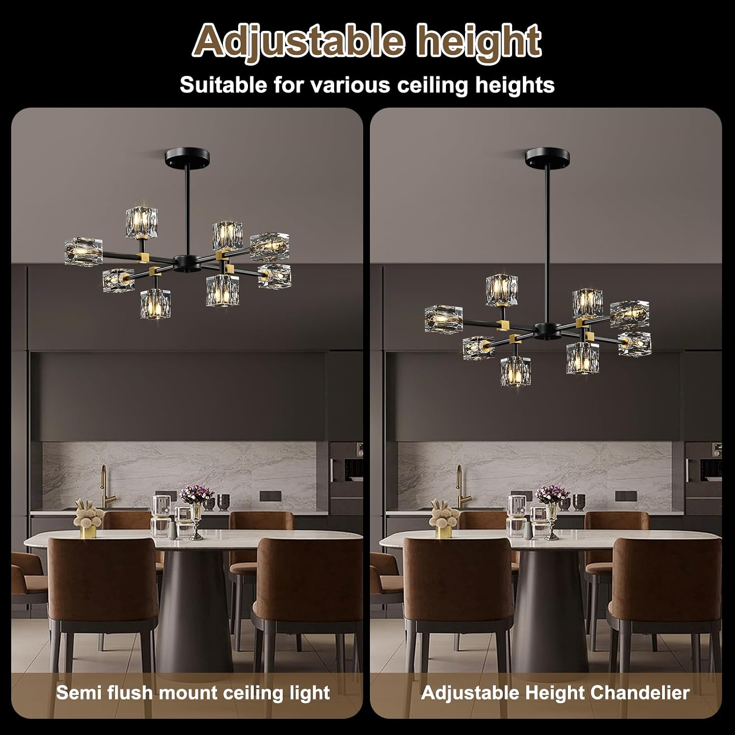 Modern Sputnik Crystal Kitchen Chandelier - Luxury Elegant 8 Light Black and Gold Brushed Brass Chandeliers - Adjustable Height Pendant Lighting Ceiling Fixture for Dining Room Living Room Island