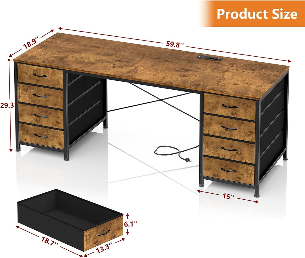 YOMILUVE 60 Inch Computer Desk with 8 Drawers, Home Office Desk with Power Outlets, Work Study Gaming Desk with 8 Fabric Drawers, Rustic Brown
