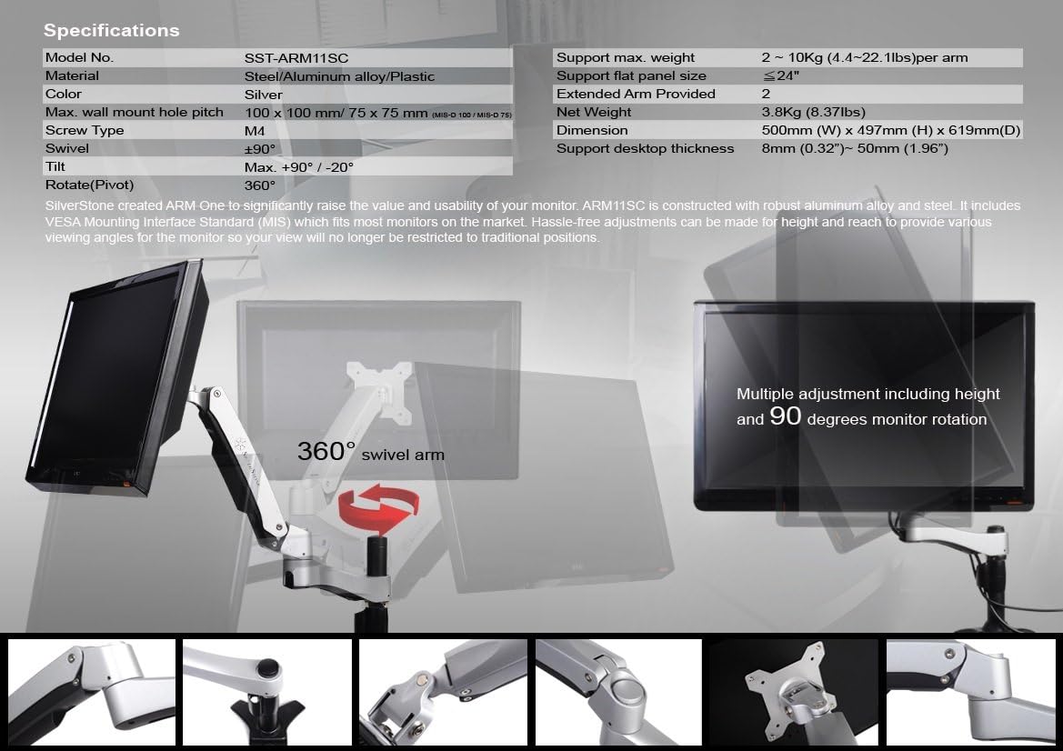 Silverstone SST-ARM11SC - Single ARM LCD LED Monitor Mount Bracket, Adjustable, with 360° Rotation, 90° tilt up/Down, 90° tilt Left/Right & Pull Out 180° Swivel Arm - Max VESA 100x100, Silver