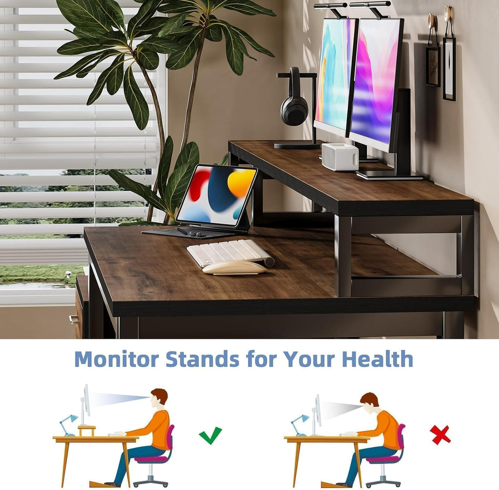 MaverickFurni 67'' Computer Desk with Drawers, Black Desk with Storage and Monitor Stand, Home Office Desk with Printer Shelf and LED Lights, Black and Walnut