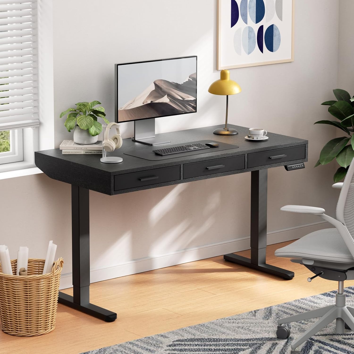 HUANUO Electric Standing Desk with Drawers, C-Clamp Mount Compatible, 40 x 22 Inch Height Adjustable Sit Stand Desk, Fabric Drawers, Home Office Stand Up Desk with 4 Custom Height Settings, Black