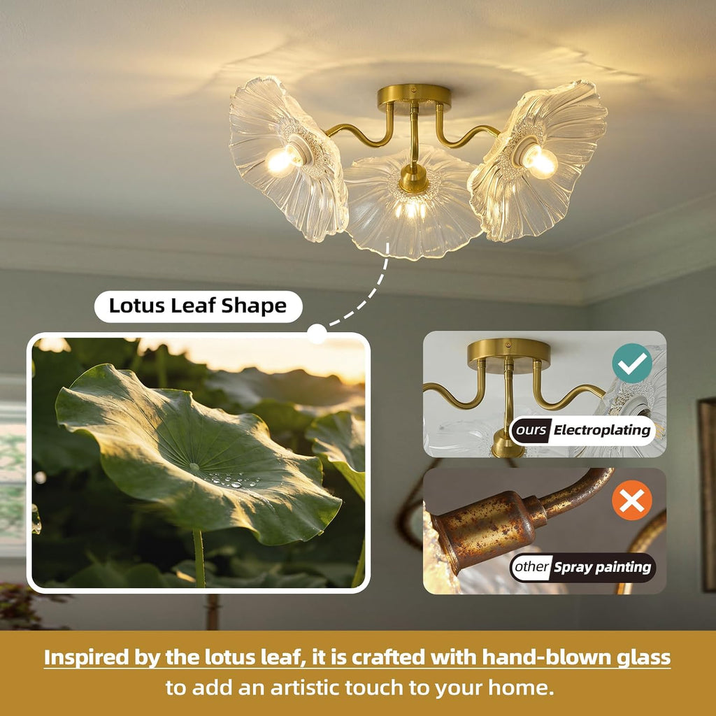 Flower Glass 3 Lights Ceiling Light - Gold Vintage Floral Semi Flush Mount Chandelier Lighting Fixtures - Mid Century Modern Art Deco Lamps for Bedroom Bathroom Hallway Foyer Hall Kitchen Living Room