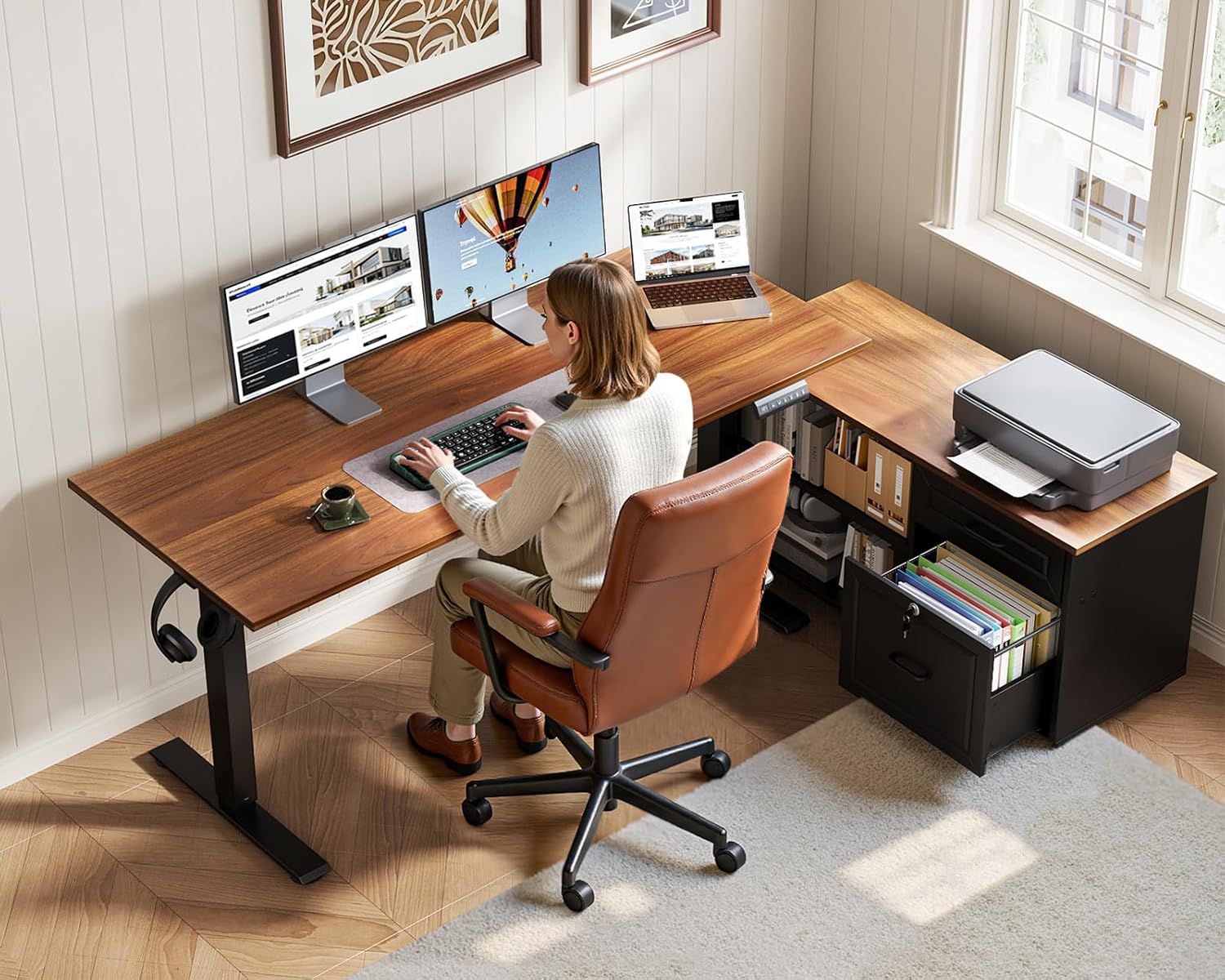 OffiGo 48 Inch L Shaped Electric Standing Desk with Drawers & File Cabinet Sets, Executive Sit Stand Desk, Height Adjustable Computer Desk for Home Office, Writing, Workstation, Walnut+Black