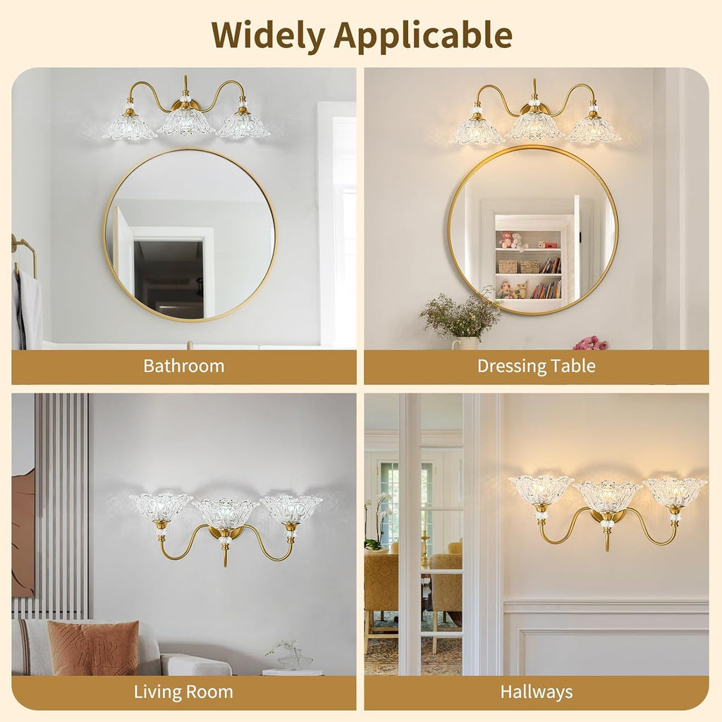 Gold Bathroom Vanity Light, 3-Light Brushed Gold Finish Vanity Light with Floral Clear Glass Shades, Retro Wall Mount Lighting for Bathroom, Dressing Table