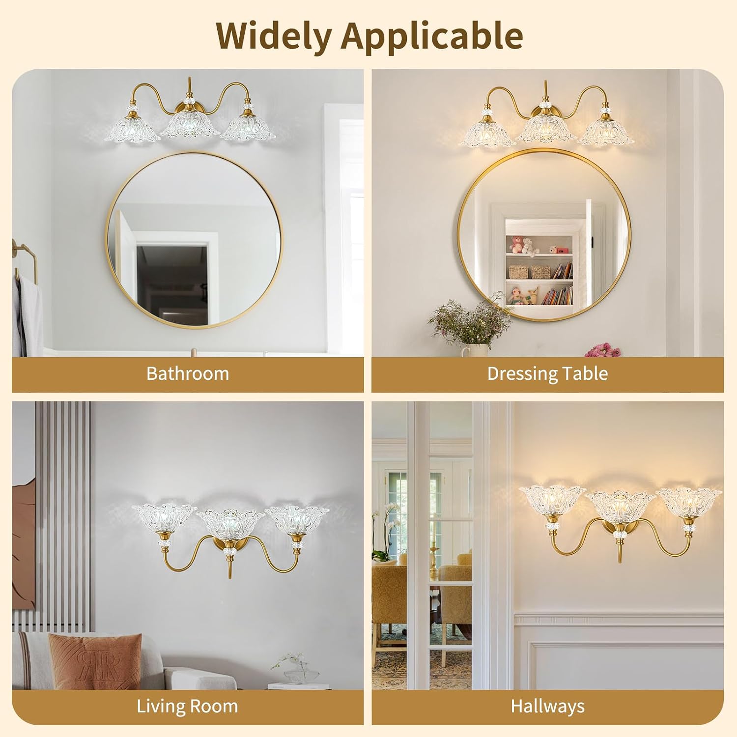 Gold Bathroom Vanity Light, 3-Light Brushed Gold Finish Vanity Light with Floral Clear Glass Shades, Retro Wall Mount Lighting for Bathroom, Dressing Table