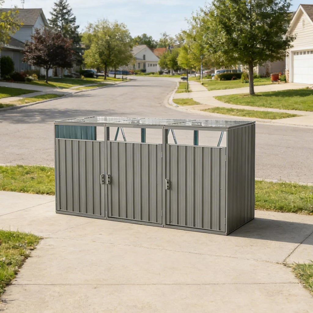 Outdoor Trash Can Storage Shed, Metal Trash Can Enclosure for 3 Trash Cans, Garbage Can Holders for Outside, Garbage Bin Storage Shed for Garden Yard Lawn (8 FT, Light Gray)