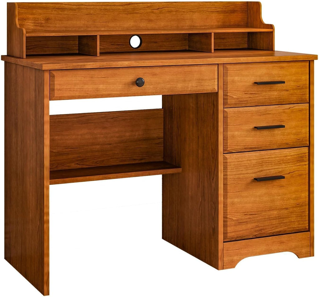 4 EVER WINNER Small Desk with Drawers for Small Spaces, 44'' Wood Desk with File Drawer & Monitor Stand, Office Desks Writing Study Table for Bedroom, Living Room, Brown