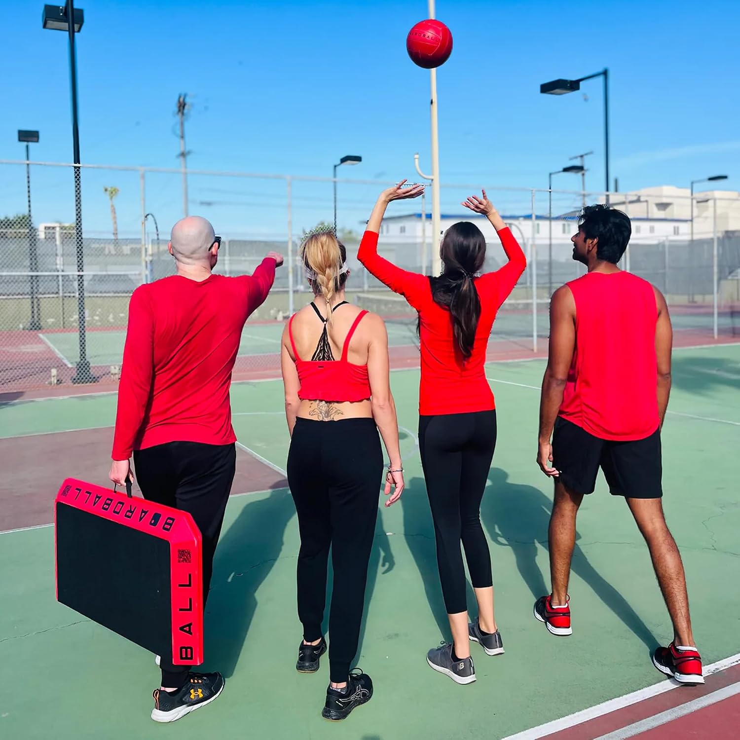 Boardball Sport Portable Volleyball Board Game Set, Indoor & Outdoor Play with Rubber Top Surface Board, Full-Size Ball and Hand Pump, Red/Black