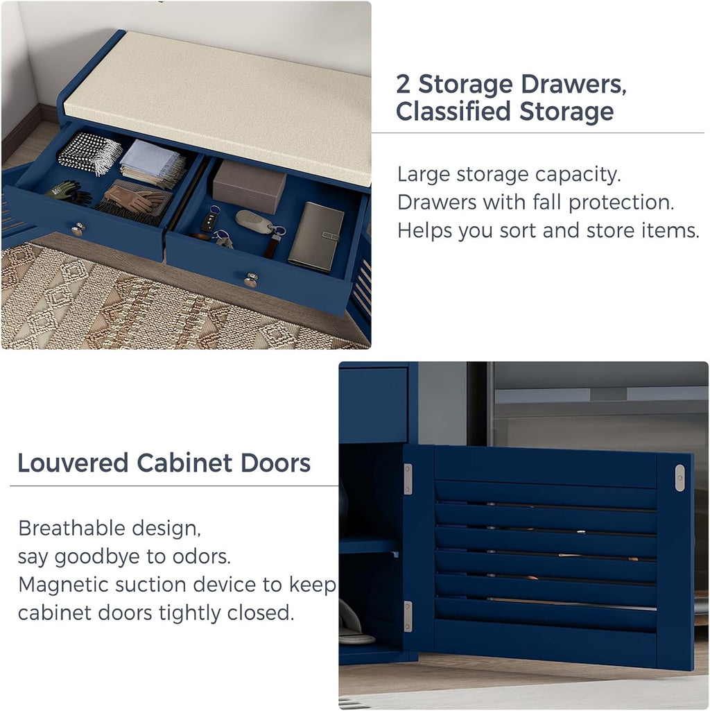 WARMHONIU Shoe Storage Bench with 2 Drawers, Entryway Bench with Cushion, Adjustable Shelves, Shoe Rack Bench with Louvered Doors for Entryway, Bedroom, Hallway, Blue