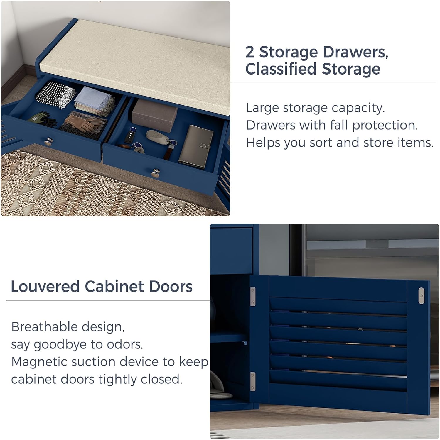 WARMHONIU Shoe Storage Bench with 2 Drawers, Entryway Bench with Cushion, Adjustable Shelves, Shoe Rack Bench with Louvered Doors for Entryway, Bedroom, Hallway, Blue
