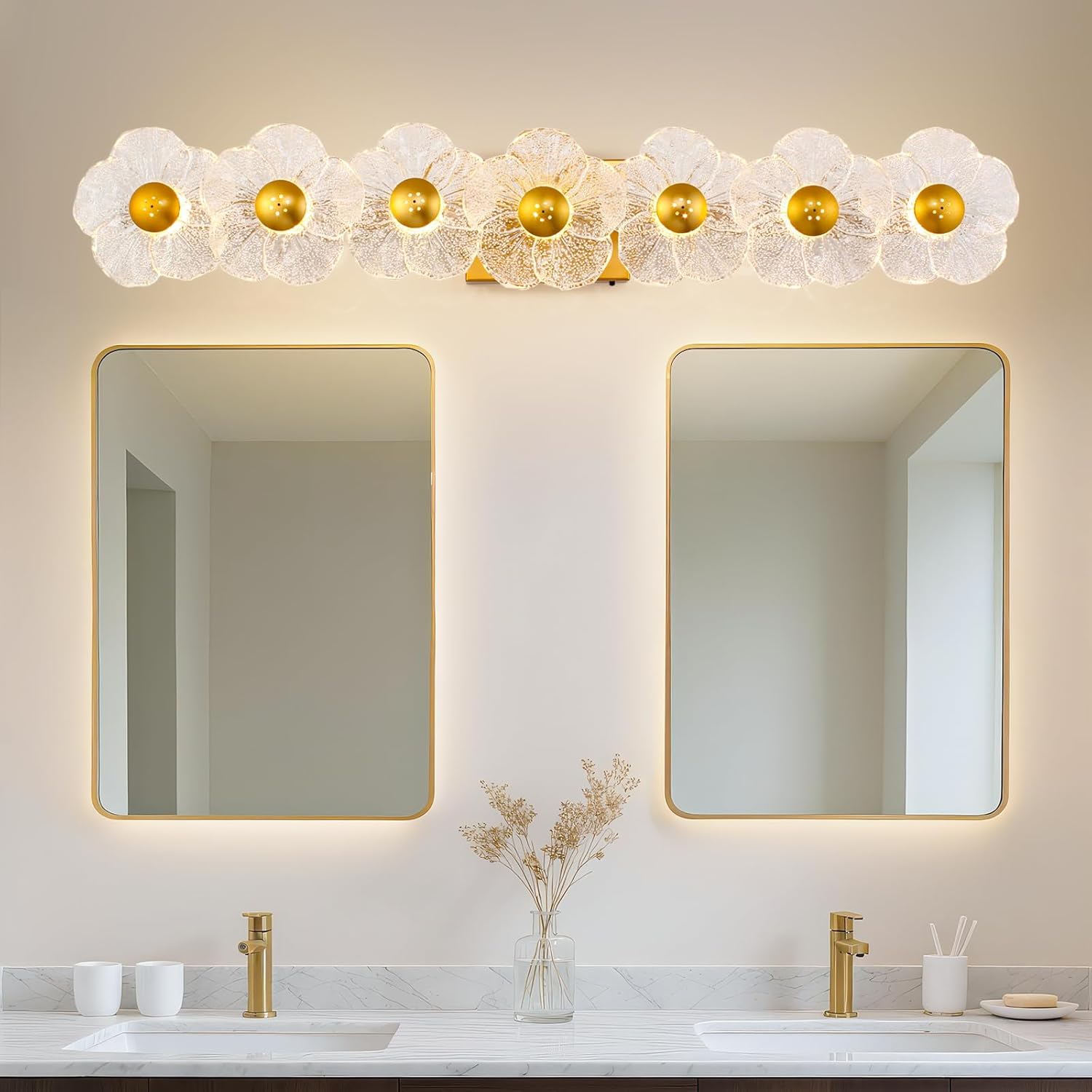 MantoLite 33.46'' Bathroom Light Fixtures Modern Vanity Light Over Mirror Adjustable 3000K-6000K Picture Lights Art Light with Floral Clear Glass Shades for Living Room Bedroom (7 Light Gold)