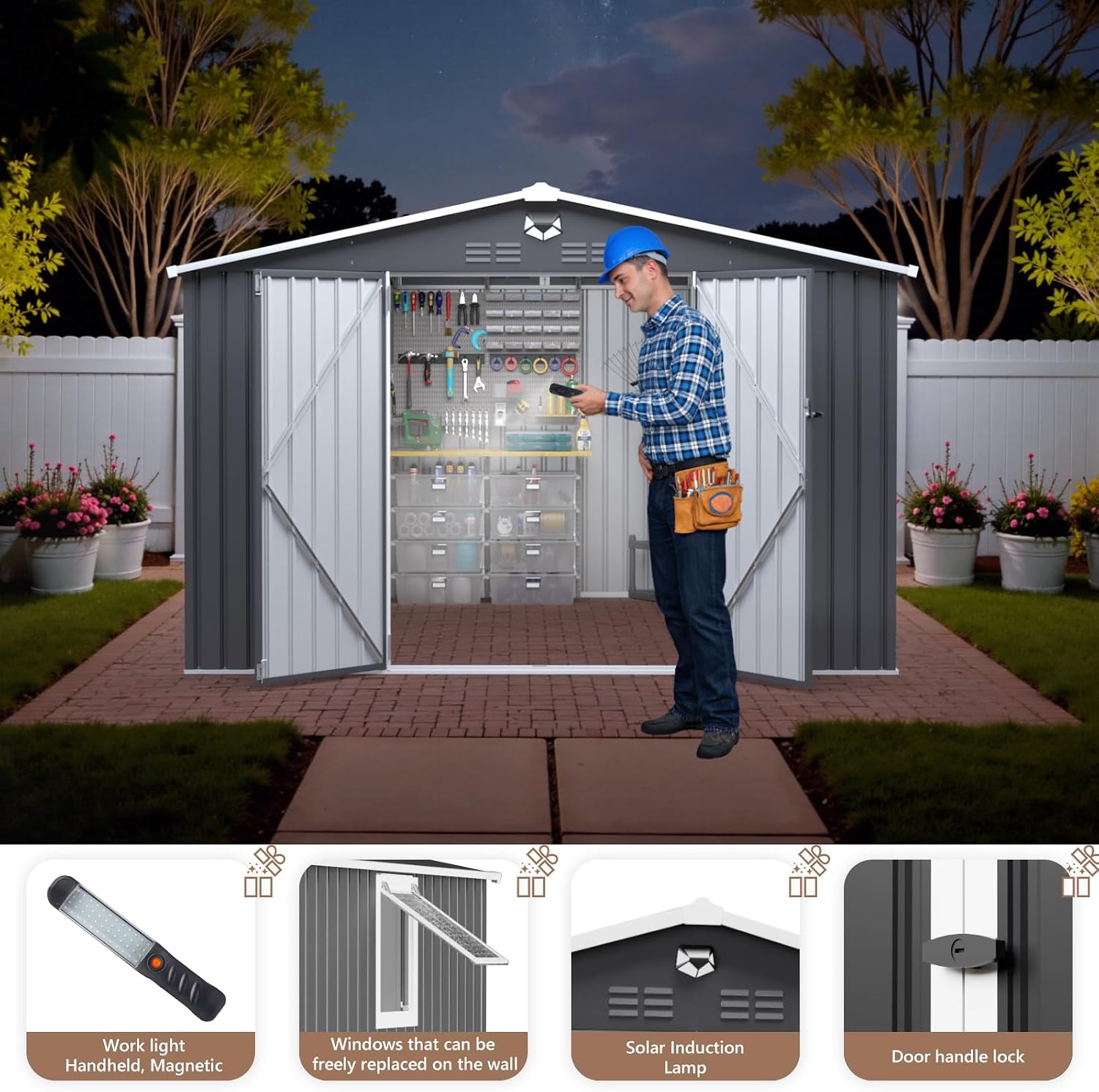 10x8 FT Outdoor Storage Shed, Metal Garden Shed - Tool Storage Sheds with Lockable Doors & 1 Vented Clear Window, Waterproof Outside Storage Building for Backyard, Patio (Black; Floor Not Included)