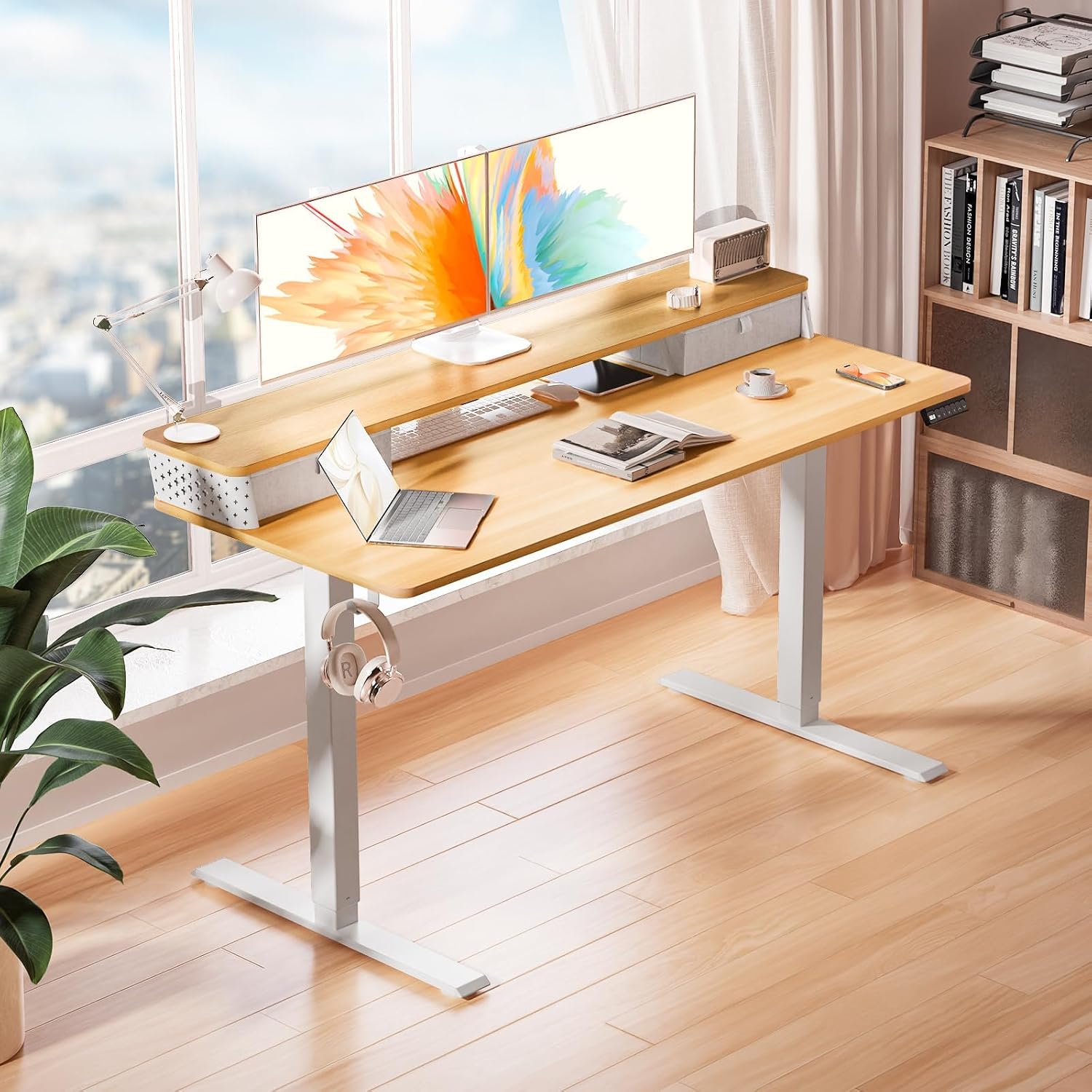 Kingant 48 x 24 Inch Electric Standing Desk with Dual Drawers, Height Adjustable Sit to Stand Computer Desk with Storage Shelf and C-Clamp Mount Compatibility for Home Office, Nature