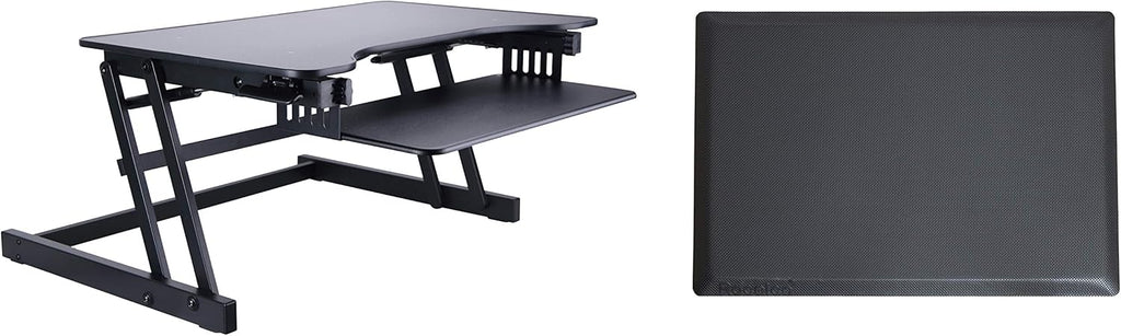 Rocelco 32' Height Adjustable Standing Desk Converter with Anti Fatigue Mat BUNDLE - Sit Stand Up Dual Monitor Riser - Computer Workstation - Large Retractable Keyboard Tray - Black (R ADRB-MAFM)
