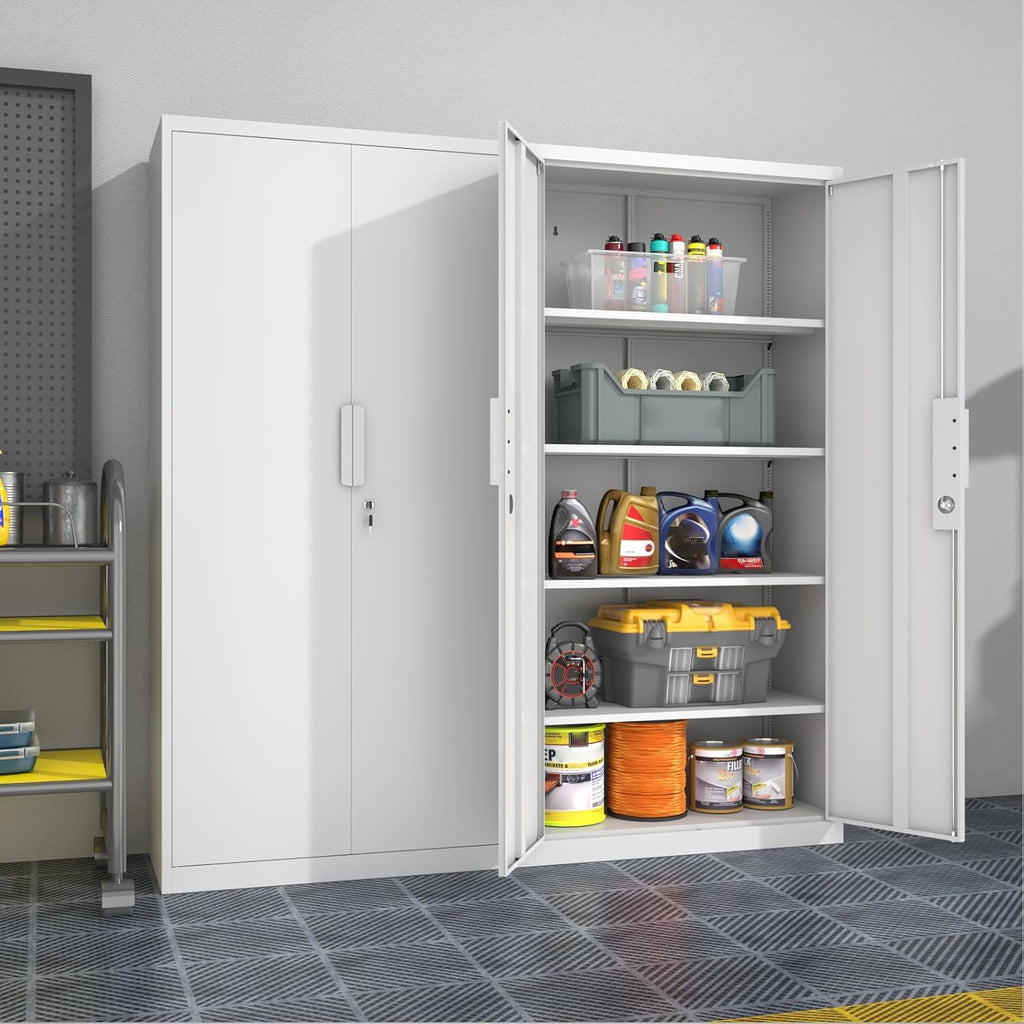 Metal Garage Storage Cabinet with Lock, 72' Tall Steel Storage Locker with 4 Adjustable Shelves, Heavy Duty Metal Cabinet for Garage, Office, Home, White
