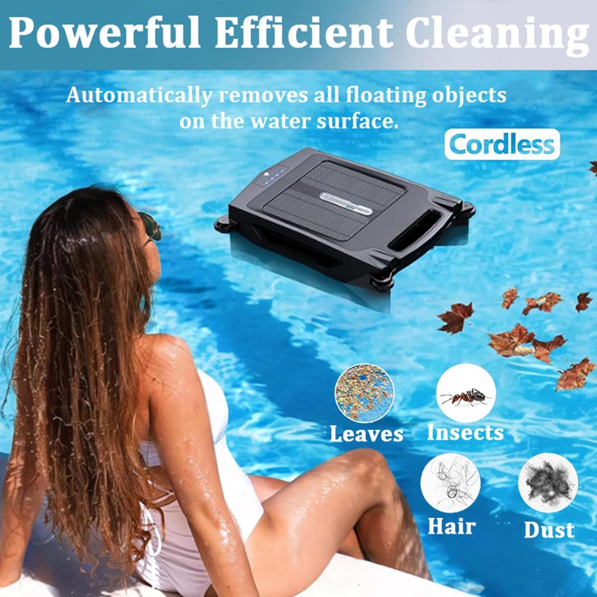 Automatic Cordless Robot Solar Powered Pool Skimmer Cleaner for All Swimming Pool Sur-face, Dual Charging Options, 2 Speed Modes, Smart Obstacle Avoidance