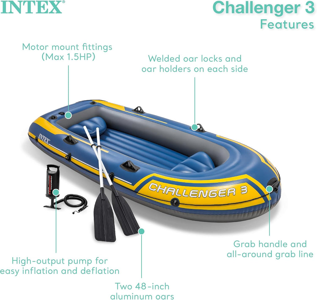 INTEX 68370EP Challenger 3 Inflatable Boat Set: Includes Deluxe 48in Boat Oars and High-Output Pump – Triple Air Chambers – Welded Oar Locks – 3 Person – 660lb Weight Capacity