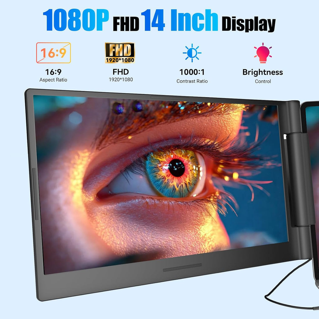 Funhill Laptop Screen Extender 14 inch Laptop Monitor Extender 1080P IPS, Triple Portable Monitor for Laptops 13-17.3' with Display/HDMI Port, Plug-Play Portable Screen for Windows/Chrome/Android
