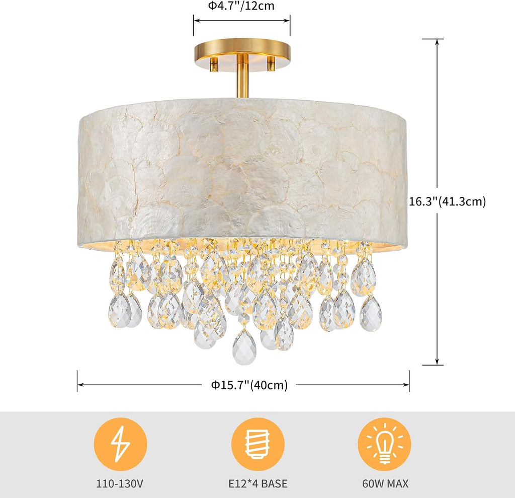 LumFurn D16in Capiz Shell K9 Crystal Drum Chandeliers, 4-Light Coastal Design Semi-Flushmount Ceiling Light Fixture for Dining Room, Kitchen & Bedroom, D16xH16in, Shell Lampshade & Brass Finish