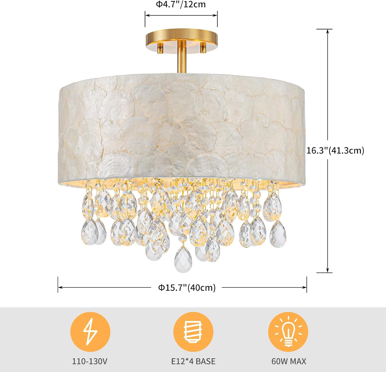 LumFurn D16in Capiz Shell K9 Crystal Drum Chandeliers, 4-Light Coastal Design Semi-Flushmount Ceiling Light Fixture for Dining Room, Kitchen & Bedroom, D16xH16in, Shell Lampshade & Brass Finish