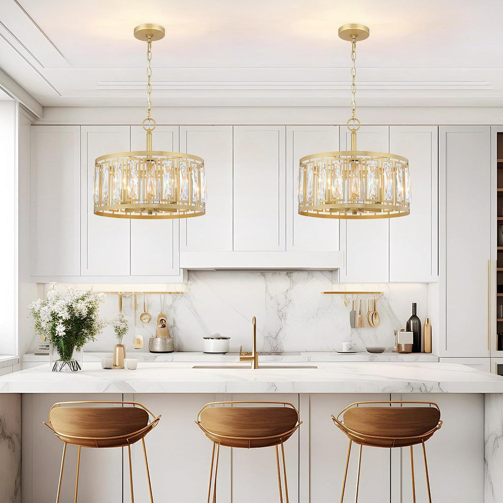 Gold Crystal Chandelier, 4-Light Semi Flush Mount Chandelier Crystal Entry Way Light Fixture Gold Dining Room Light Fixtures Adjustable Height Hanging Pendant Light for Bedroom Living Room