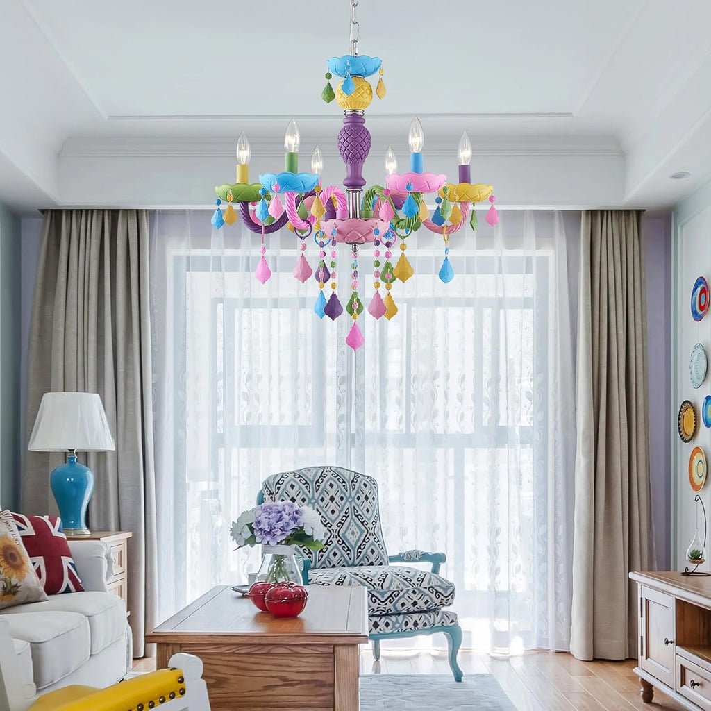 6-Light Children Crystal Chandeliers, Modern Design Rainbow Colorful Pendant Light Fixture for Bedroom, Dining Room, D23×H33~71 inch(Adjustable Height), Macaron Color Finish & K9 Crystal